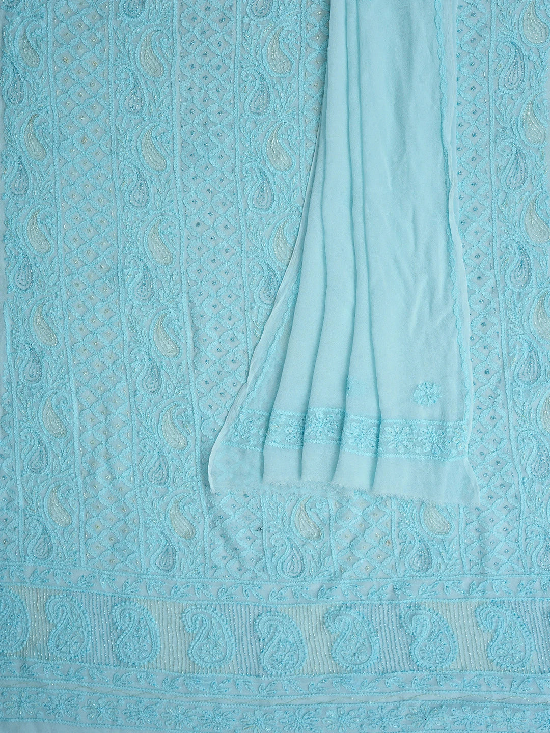 Ada Hand Embroidered Powder Blue Viscose Georgette Lucknowi Chikankari Unstitched Kurta Dupatta Set With Cutdana Work 01A793025