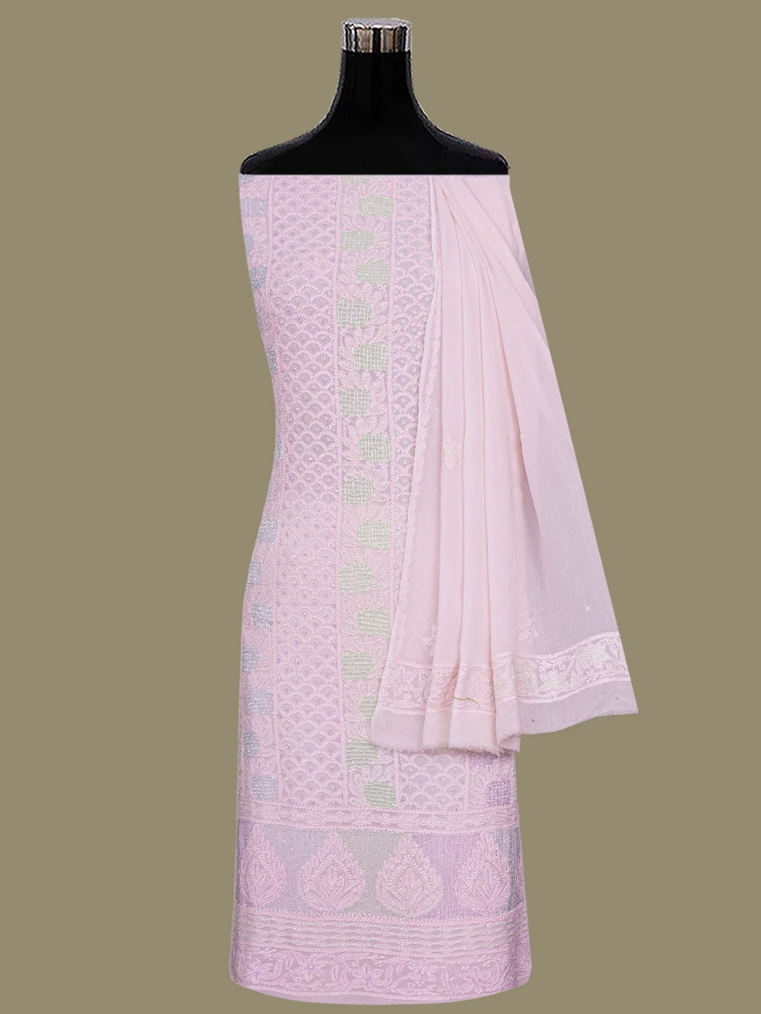 Ada Hand Embroidered Powder Pink Viscose Georgette Lucknowi Chikankari Unstitched Kurta Dupatta Set With Cutdana Work 01A784875