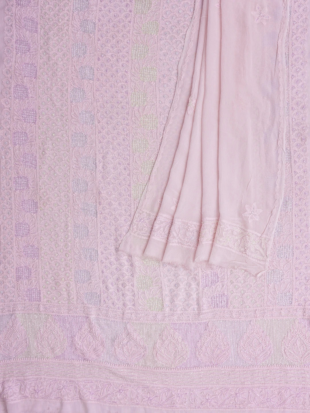 Ada Hand Embroidered Powder Pink Viscose Georgette Lucknowi Chikankari Unstitched Kurta Dupatta Set With Cutdana Work 01A784875