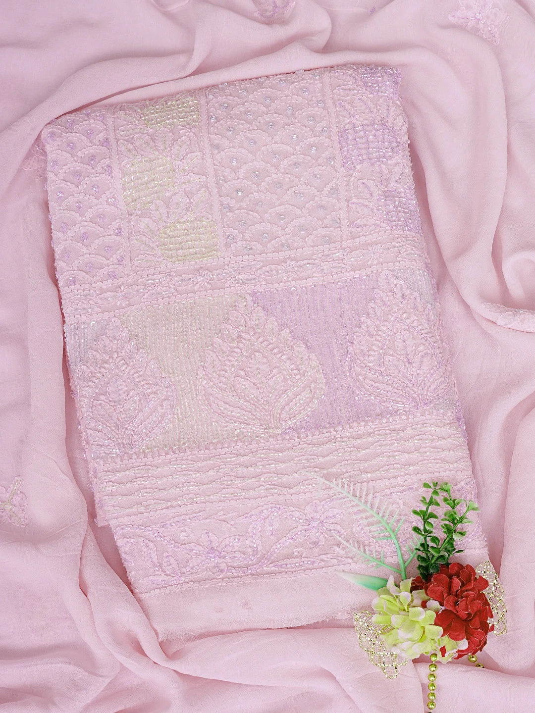 Ada Hand Embroidered Powder Pink Viscose Georgette Lucknowi Chikankari Unstitched Kurta Dupatta Set With Cutdana Work 01A784875