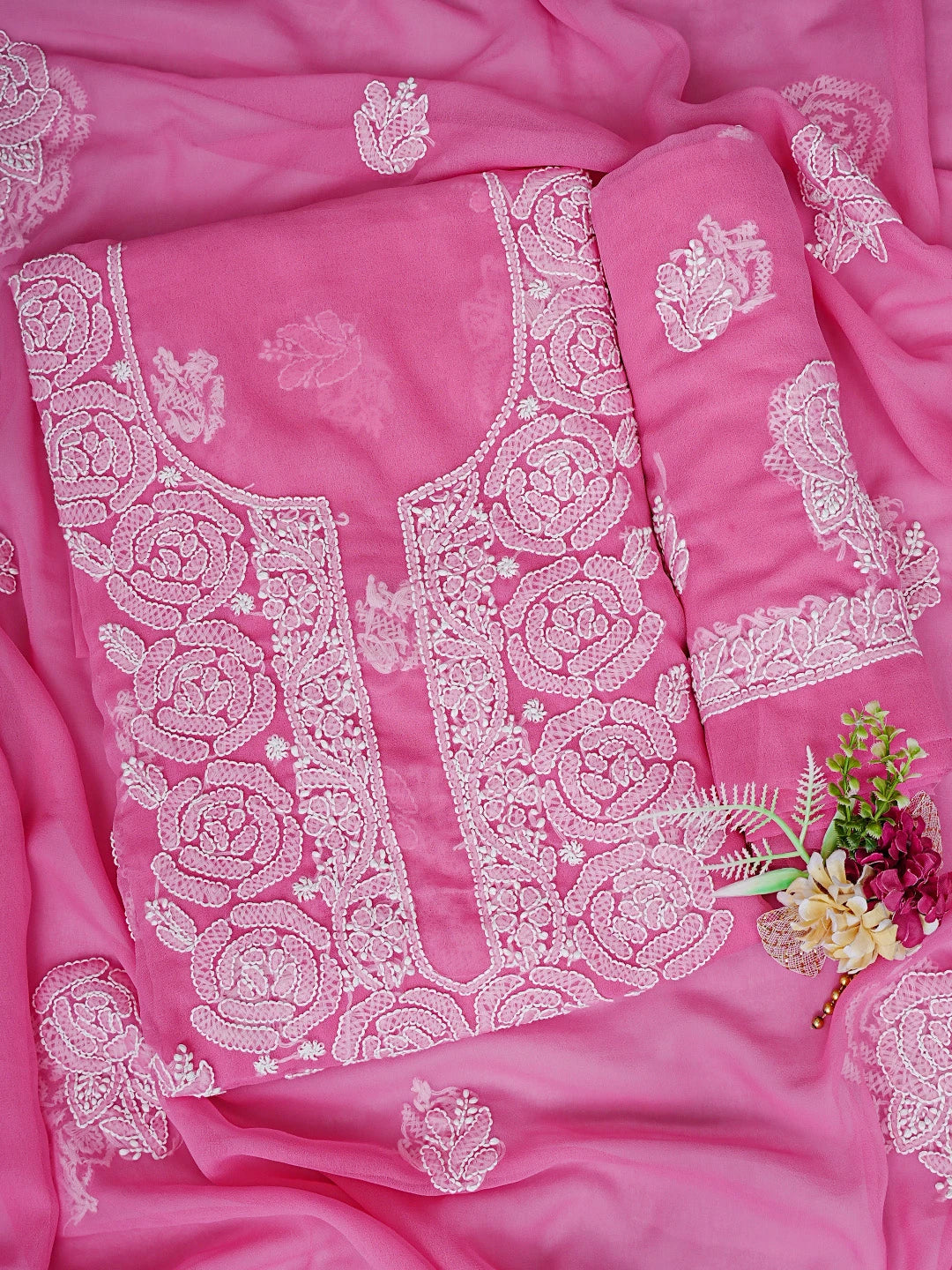Ada Hand Embroidered Pink Georgette Lucknowi Chikankari Unstitched Suit Piece 01A815125