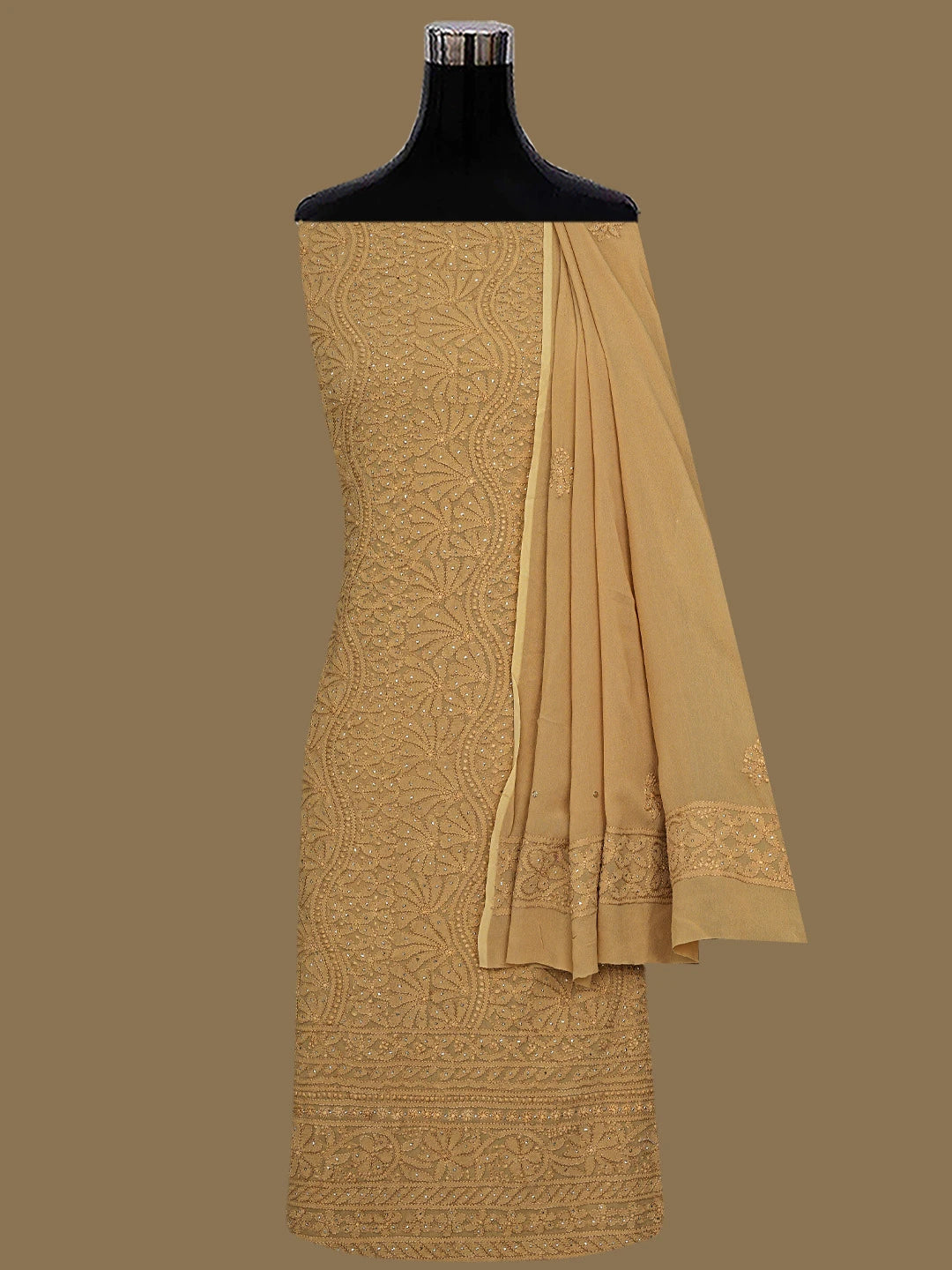 Ada Hand Embroidered Peanut Brown Viscose Georgette Lucknowi Chikankari Unstitched Kurta Dupatta Set With Muqaish Work 01A809552