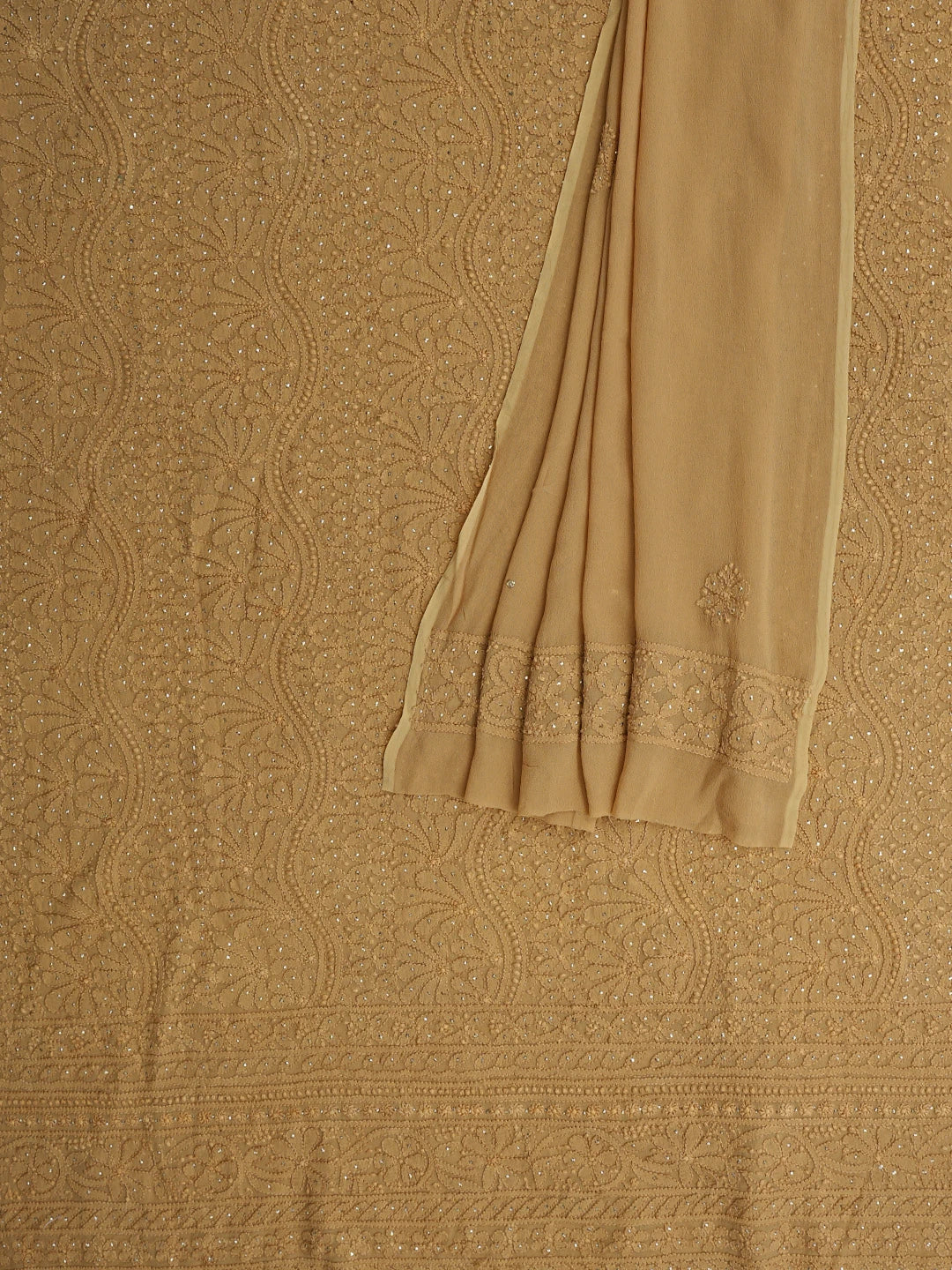 Ada Hand Embroidered Peanut Brown Viscose Georgette Lucknowi Chikankari Unstitched Kurta Dupatta Set With Muqaish Work 01A809552