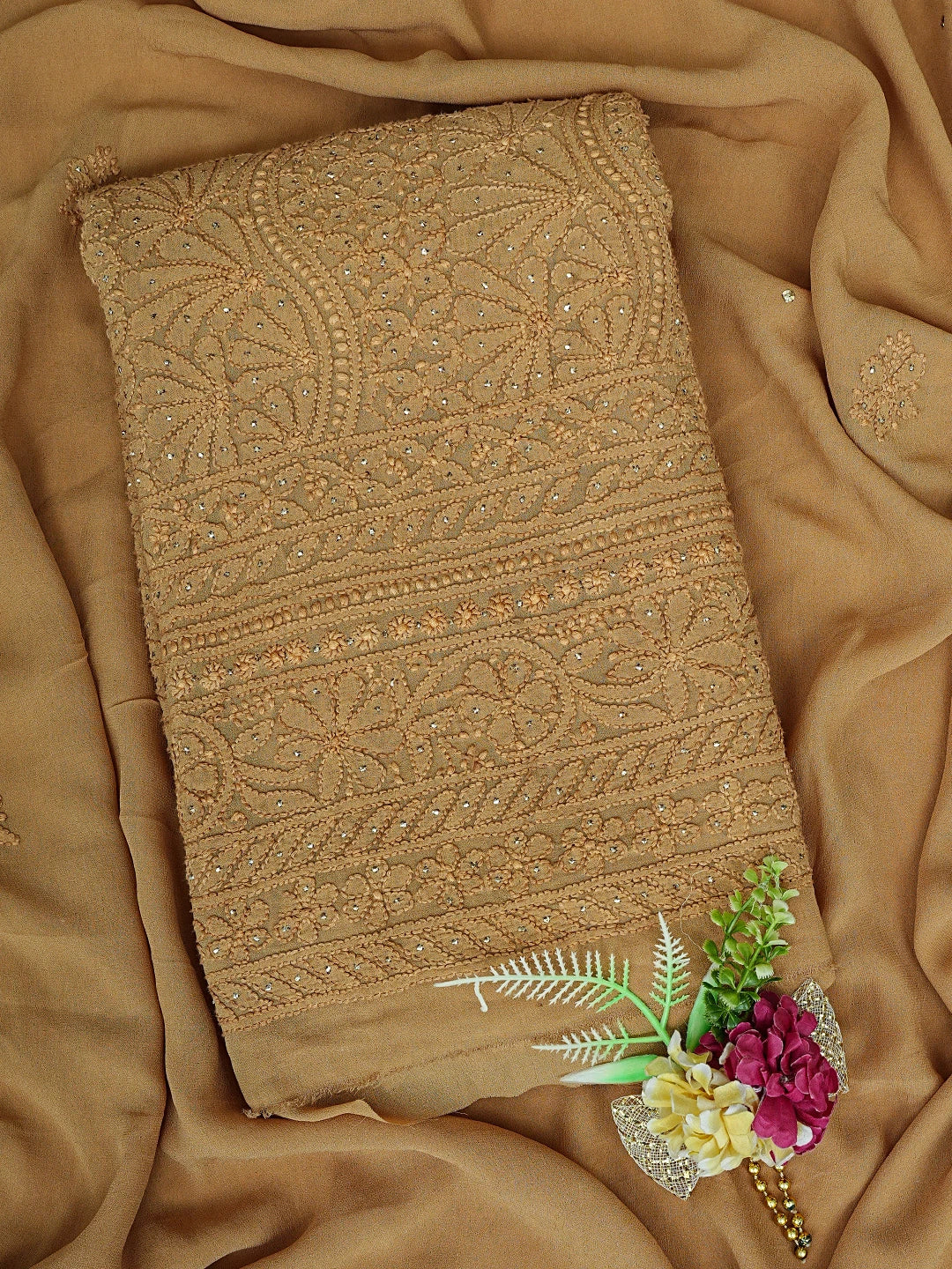 Ada Hand Embroidered Peanut Brown Viscose Georgette Lucknowi Chikankari Unstitched Kurta Dupatta Set With Muqaish Work 01A809552