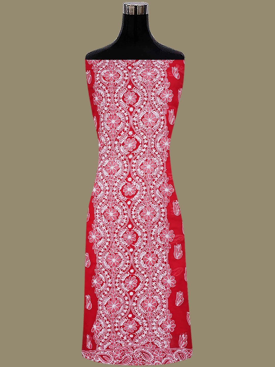 Ada Hand Embroidered Red Georgette Lucknowi Chikankari Unstitched Suit Piece 01A793487