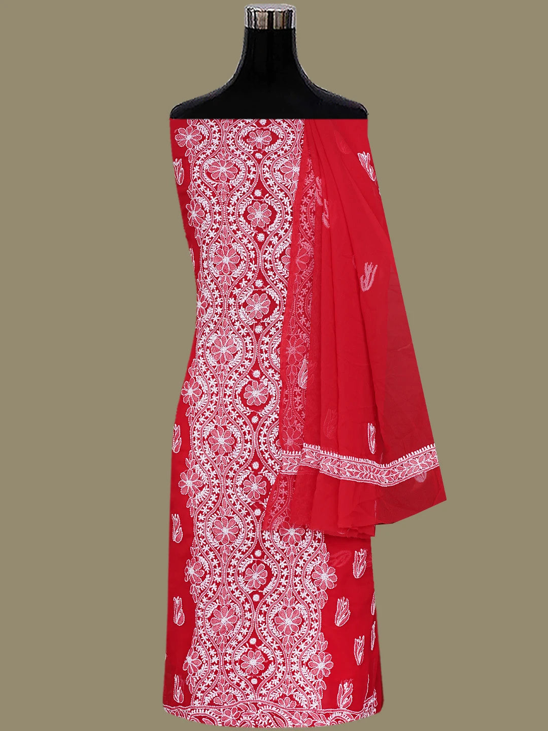 Ada Hand Embroidered Red Georgette Lucknowi Chikankari Unstitched Suit Piece 01A793487