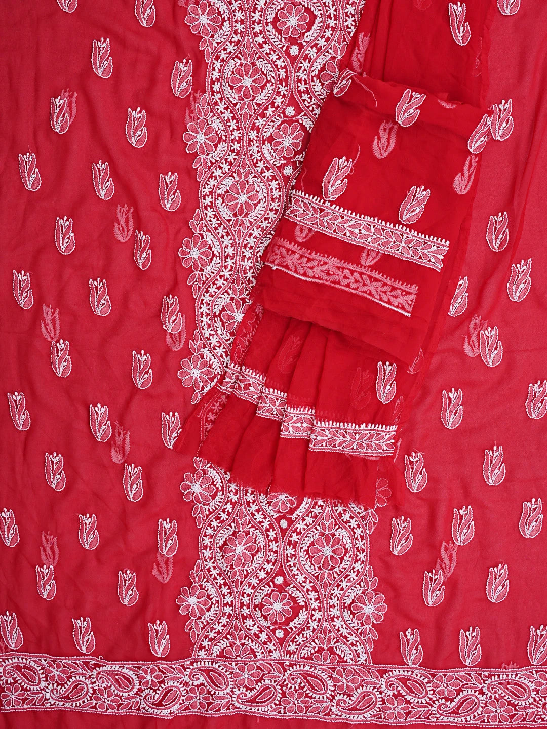 Ada Hand Embroidered Red Georgette Lucknowi Chikankari Unstitched Suit Piece 01A793487