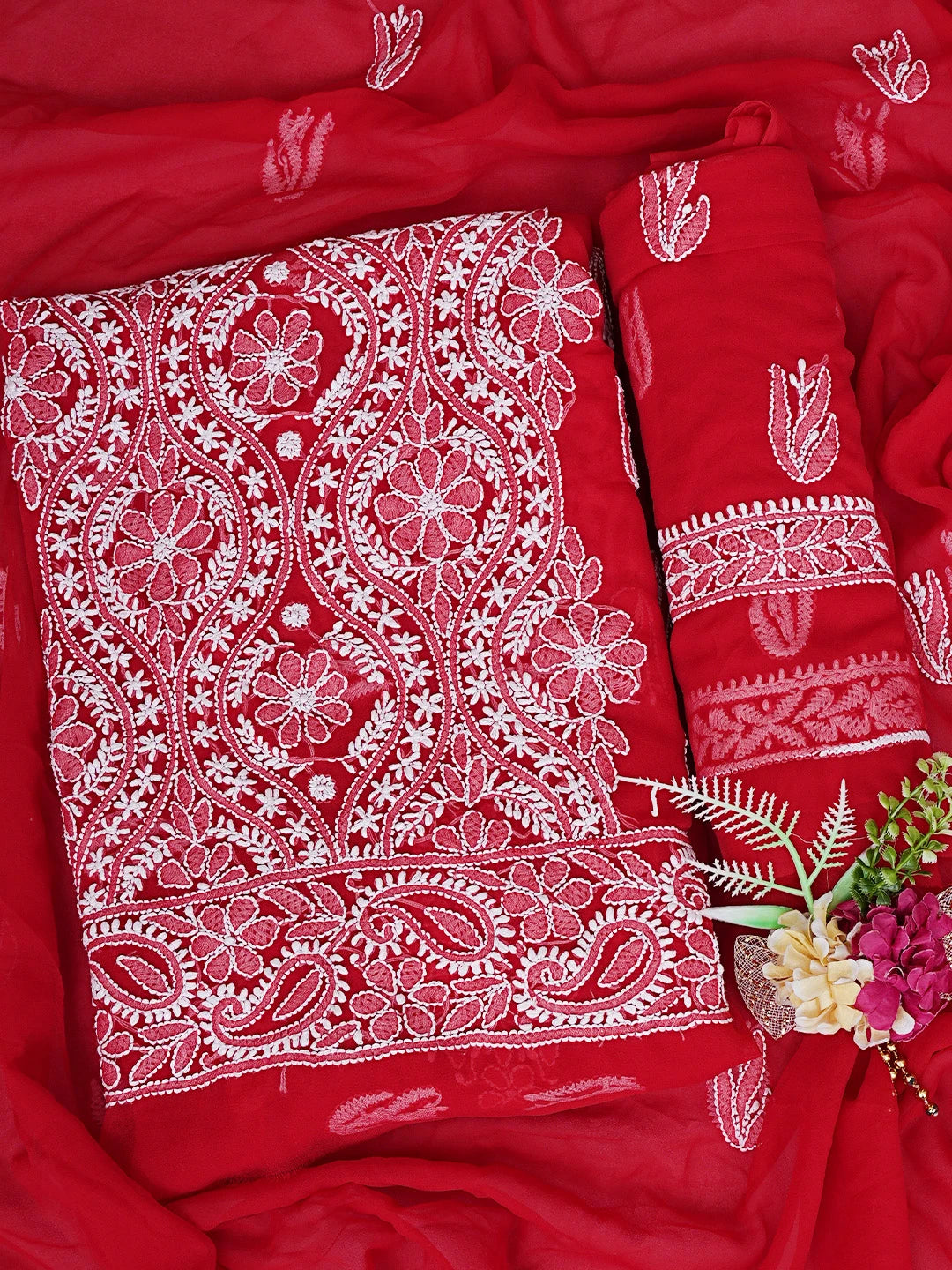 Ada Hand Embroidered Red Georgette Lucknowi Chikankari Unstitched Suit Piece 01A793487