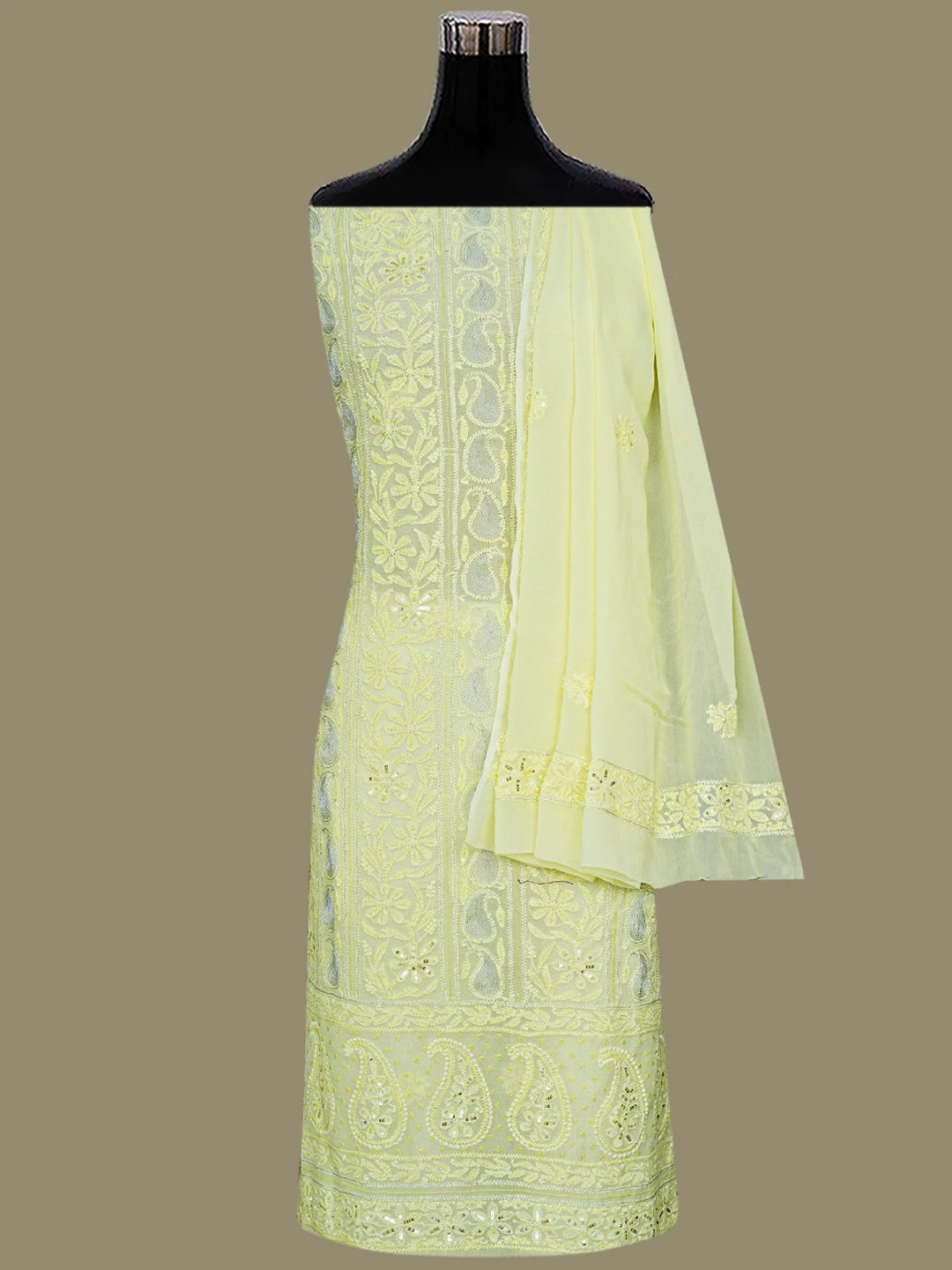 Ada Hand Embroidered Lemon Viscose Georgette Lucknowi Chikankari Unstitched Kurta Dupatta Set With Zari Work 01A795851