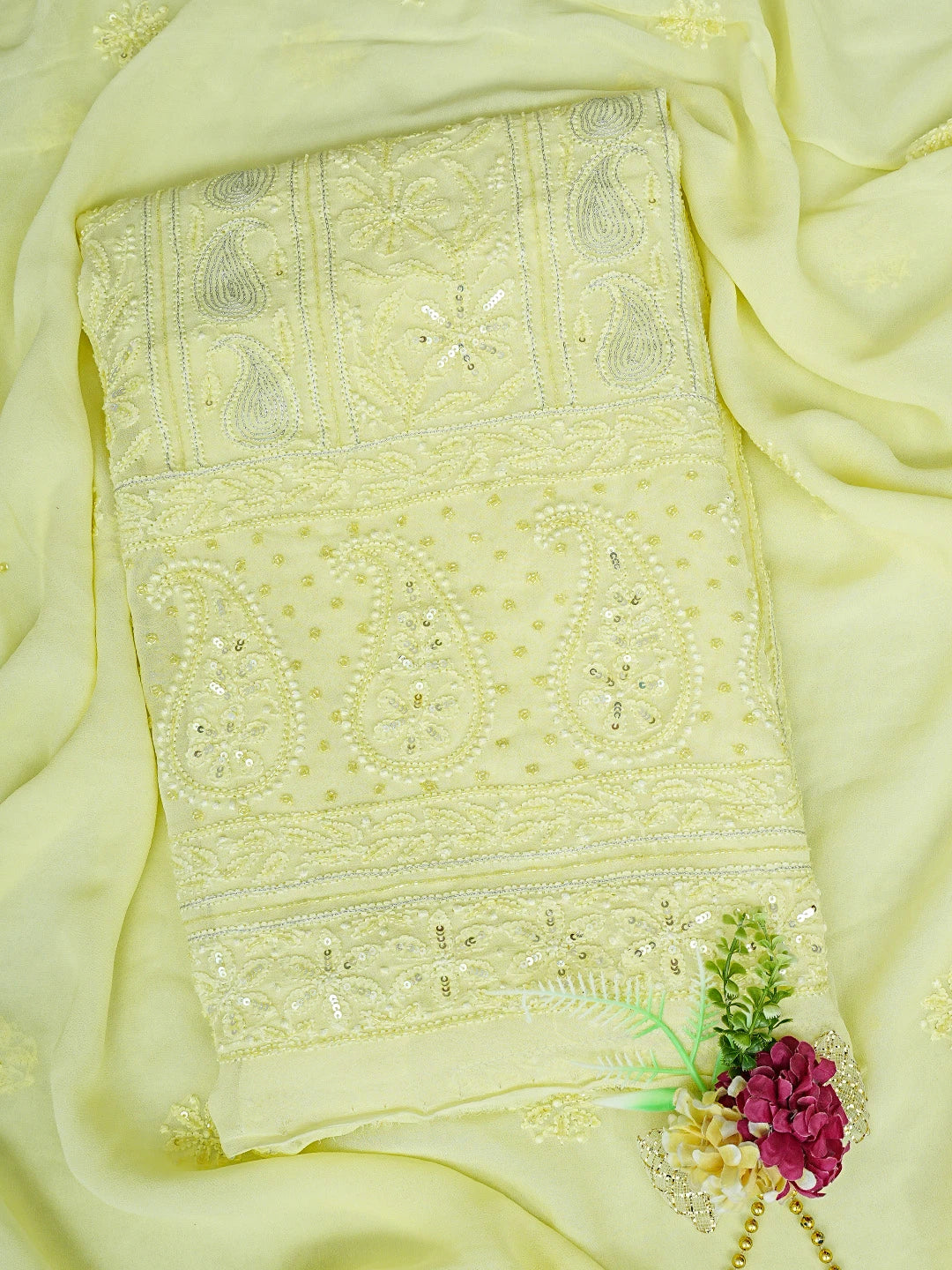 Ada Hand Embroidered Lemon Viscose Georgette Lucknowi Chikankari Unstitched Kurta Dupatta Set With Zari Work 01A795851