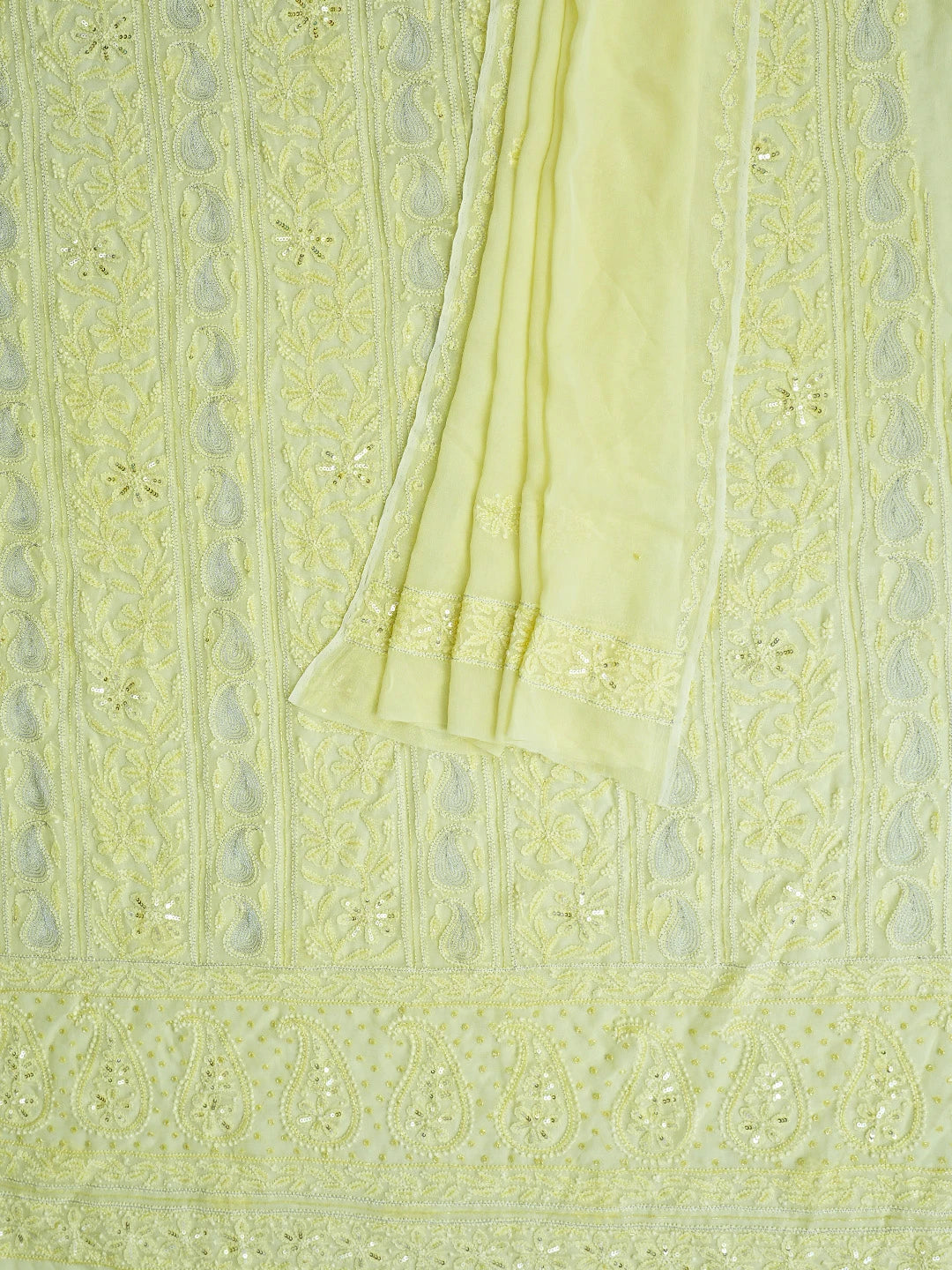 Ada Hand Embroidered Lemon Viscose Georgette Lucknowi Chikankari Unstitched Kurta Dupatta Set With Zari Work 01A795851