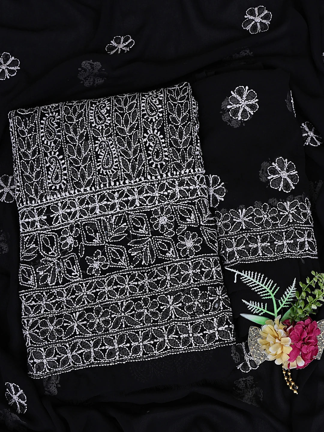 Ada Hand Embroidered black Georgette Lucknowi Chikankari Unstitched Suit Piece With Pearl Work 01A821061