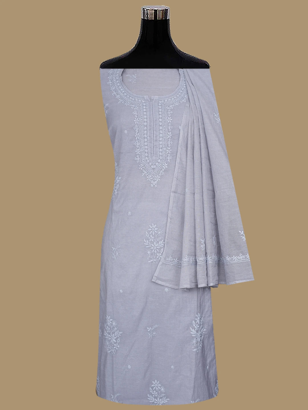 Ada Hand Embroidered Grey Chanderi Lucknowi Chikankari Semi-stitched Kurta Dupatta Set 01A852614