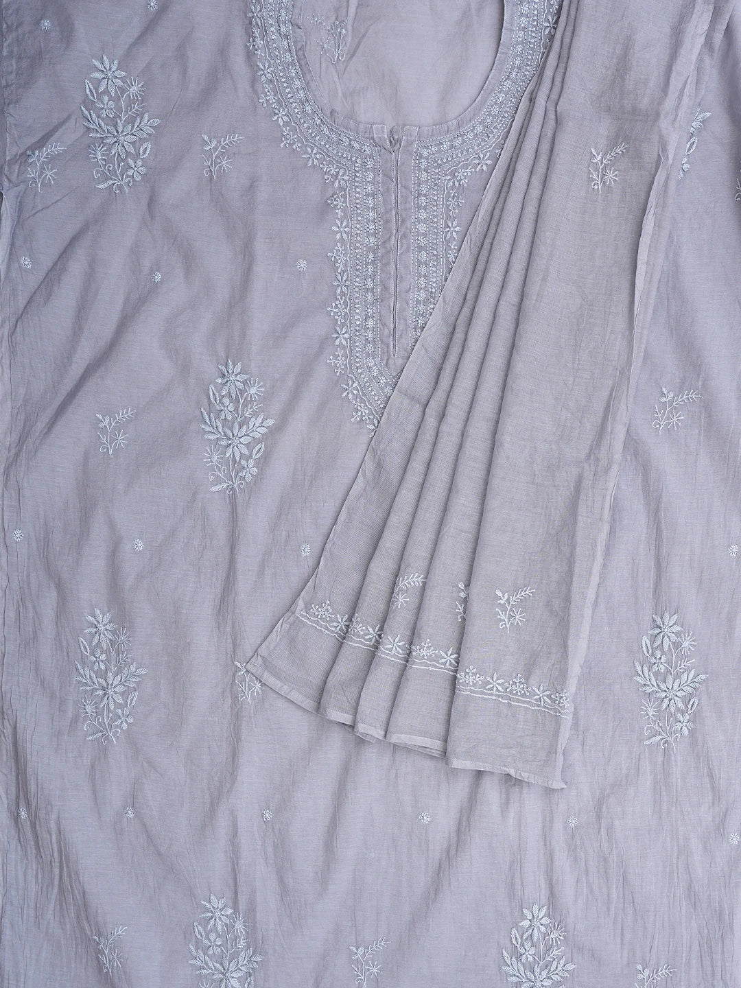 Ada Hand Embroidered Grey Chanderi Lucknowi Chikankari Semi-stitched Kurta Dupatta Set 01A852614