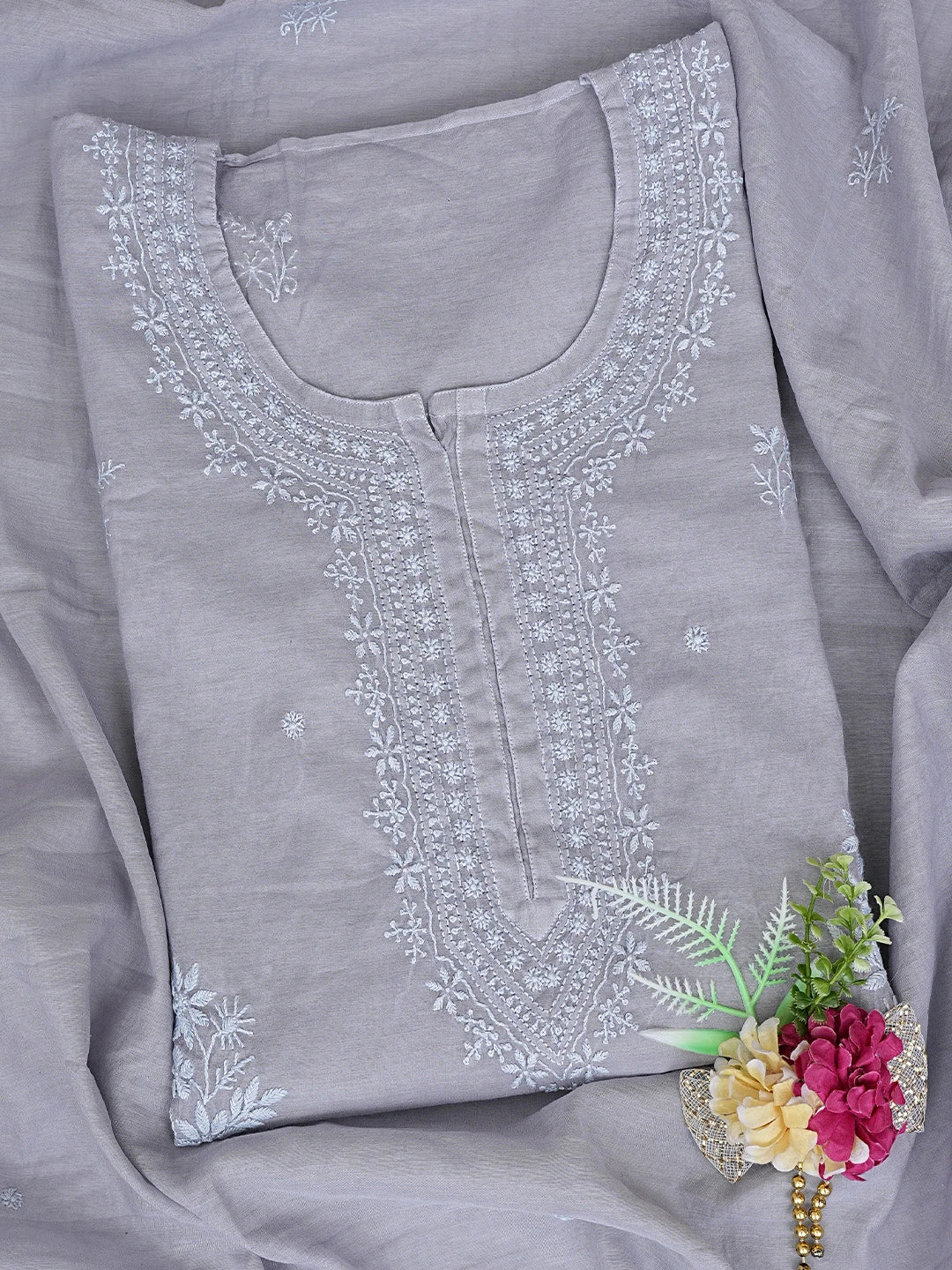 Ada Hand Embroidered Grey Chanderi Lucknowi Chikankari Semi-stitched Kurta Dupatta Set 01A852614