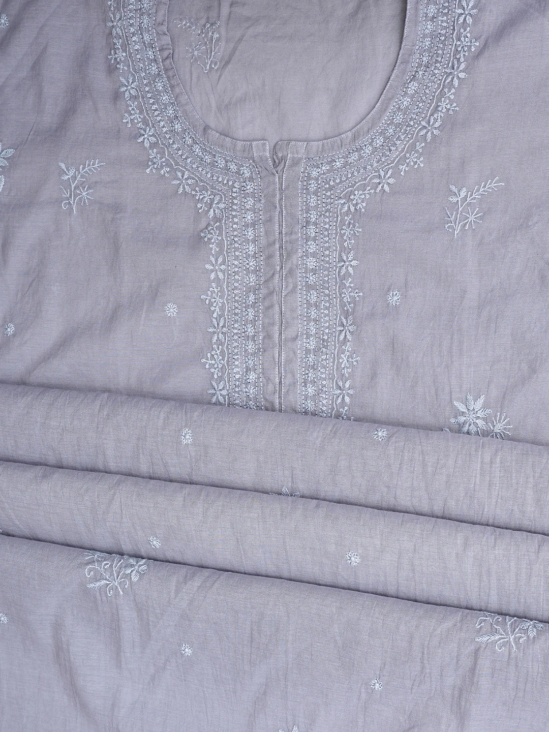 Ada Hand Embroidered Grey Chanderi Lucknowi Chikankari Semi-stitched Kurta Dupatta Set 01A852614