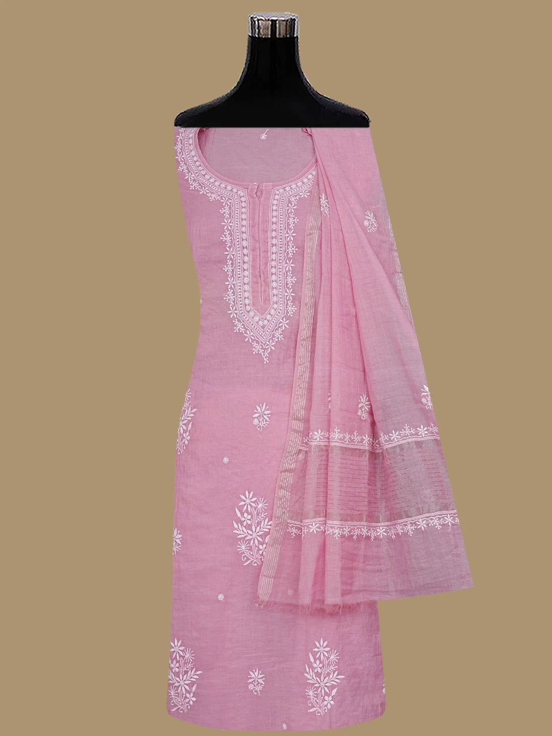 Ada Hand Embroidered Onion Pink Chanderi Lucknowi Chikankari Semi-stitched Kurta Dupatta Set 01A815311