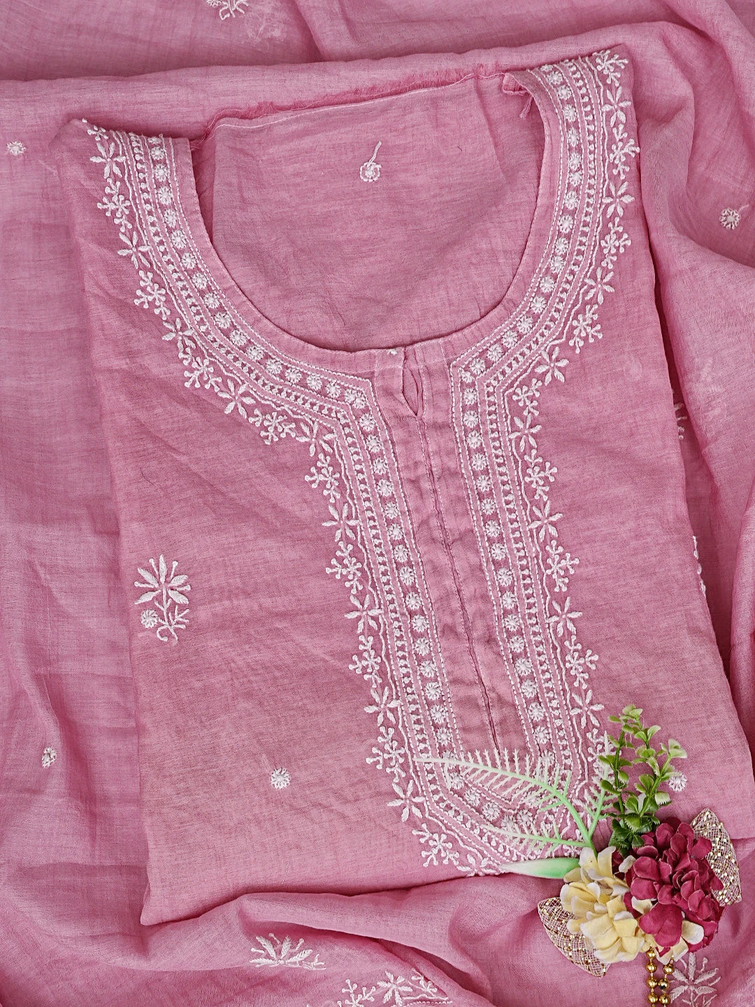 Ada Hand Embroidered Onion Pink Chanderi Lucknowi Chikankari Semi-stitched Kurta Dupatta Set 01A815311