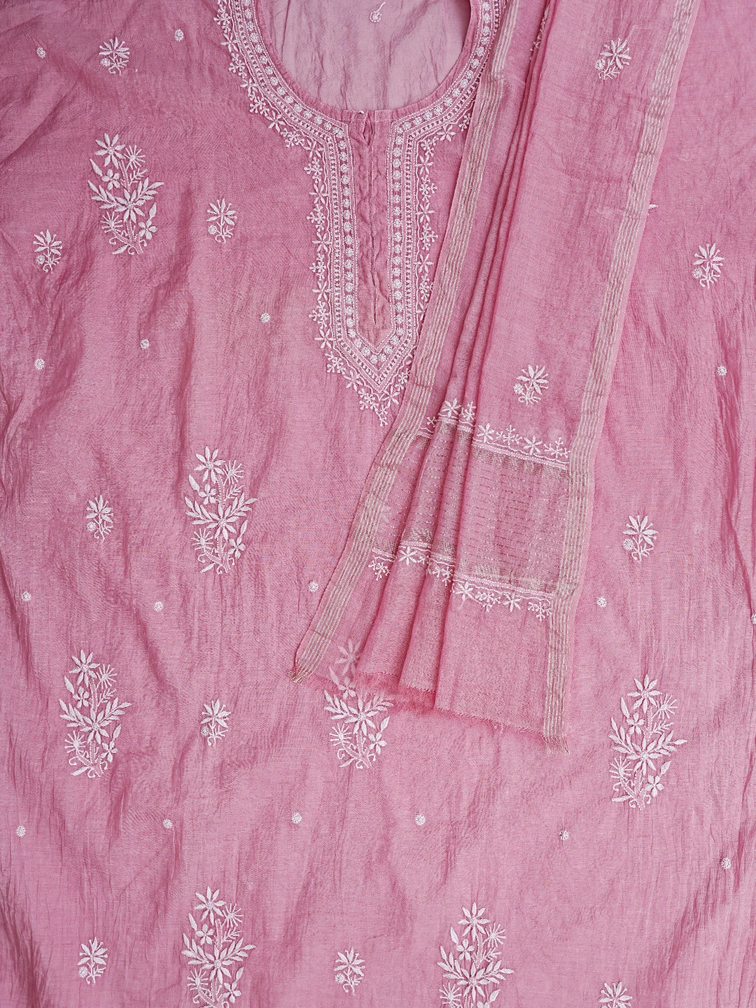 Ada Hand Embroidered Onion Pink Chanderi Lucknowi Chikankari Semi-stitched Kurta Dupatta Set 01A815311