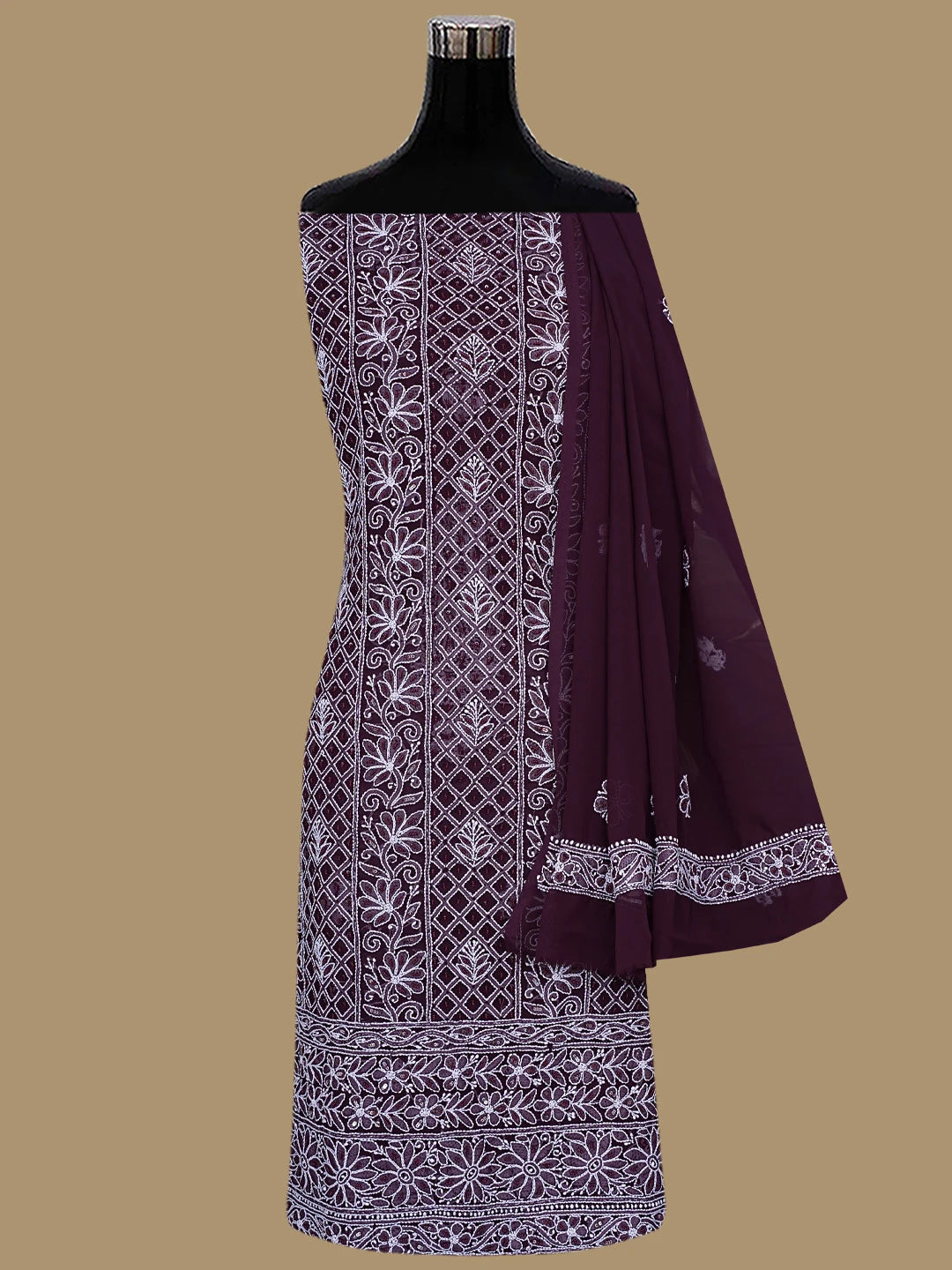 Ada Hand Embroidered Wine Georgette Lucknowi Chikankari Unstitched Suit Piece With Pearl Work 01A834842