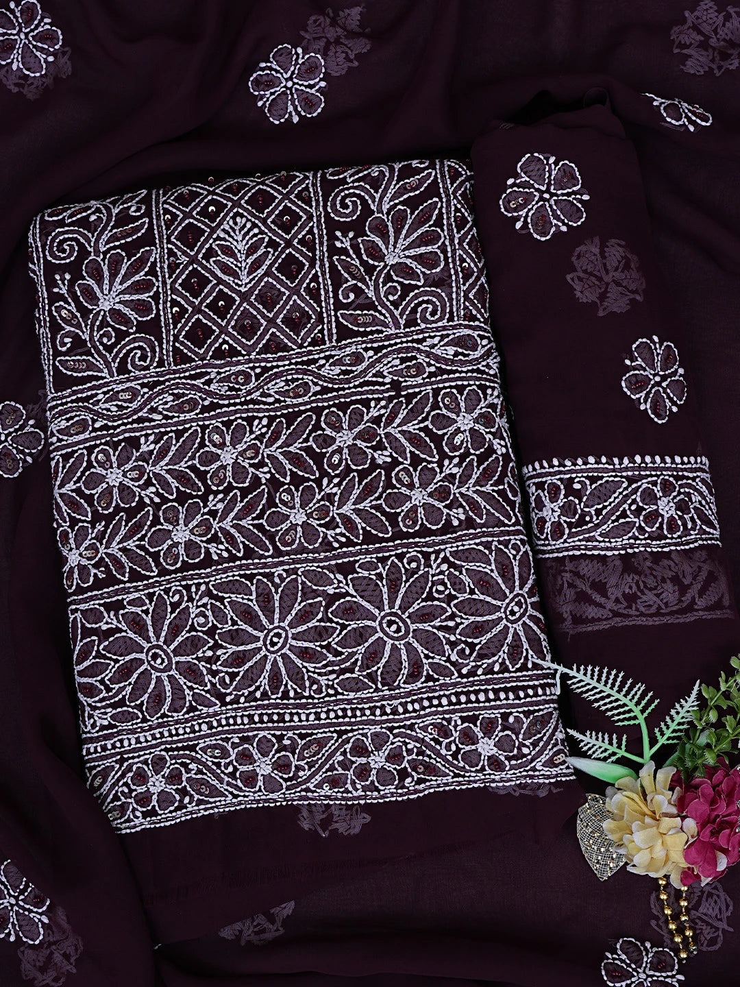 Ada Hand Embroidered Wine Georgette Lucknowi Chikankari Unstitched Suit Piece With Pearl Work 01A834842