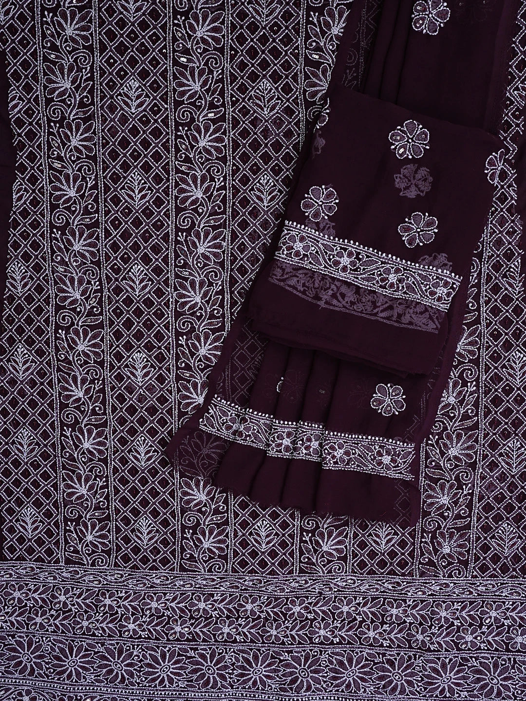 Ada Hand Embroidered Wine Georgette Lucknowi Chikankari Unstitched Suit Piece With Pearl Work 01A834842