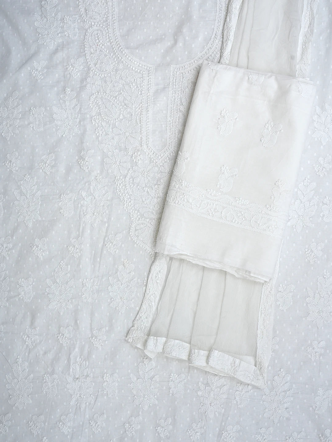 Ada Hand Embroidered White Cotton Lucknowi Chikankari Unstitched Suit Set 01A604959