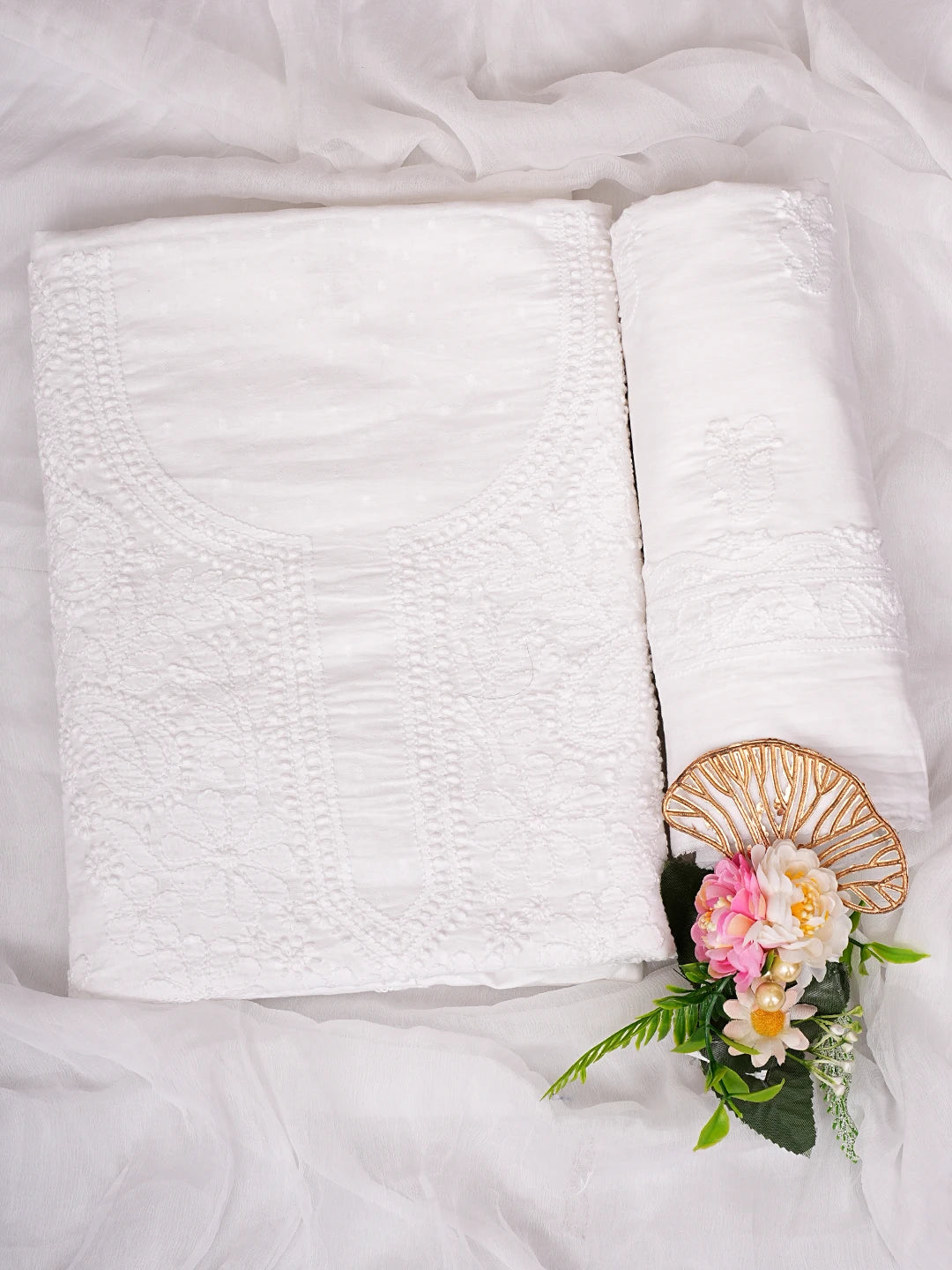 Ada Hand Embroidered White Cotton Lucknowi Chikankari Unstitched Suit Set 01A604959
