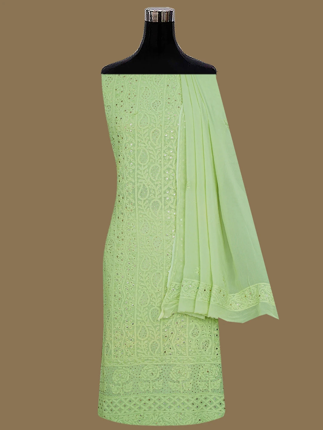 Ada Hand Embroidered Lime Green Viscose Georgette Lucknowi Chikankari Unstitched Kurta Dupatta Set With Muqaish Work 01A815257