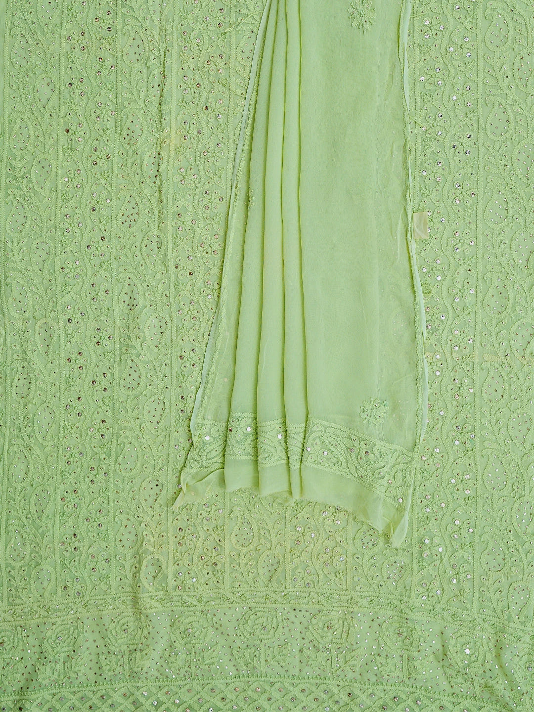 Ada Hand Embroidered Lime Green Viscose Georgette Lucknowi Chikankari Unstitched Kurta Dupatta Set With Muqaish Work 01A815257