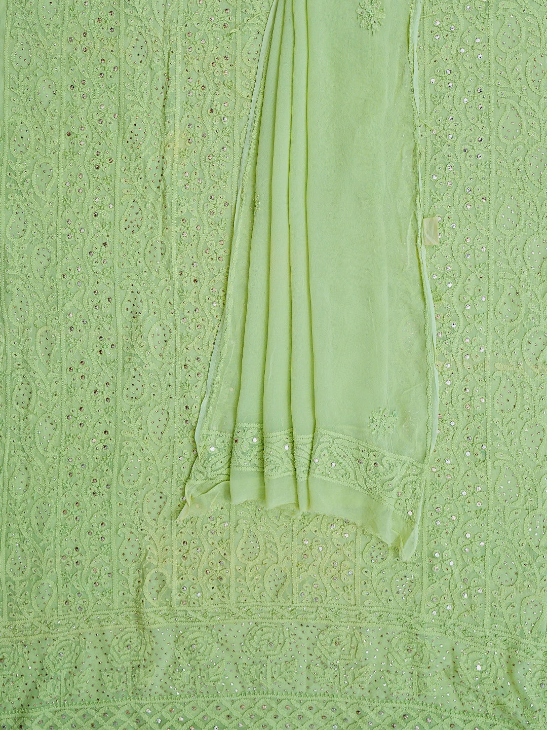 Ada Hand Embroidered Lime Green Viscose Georgette Lucknowi Chikankari Unstitched Kurta Dupatta Set With Muqaish Work 01A815257