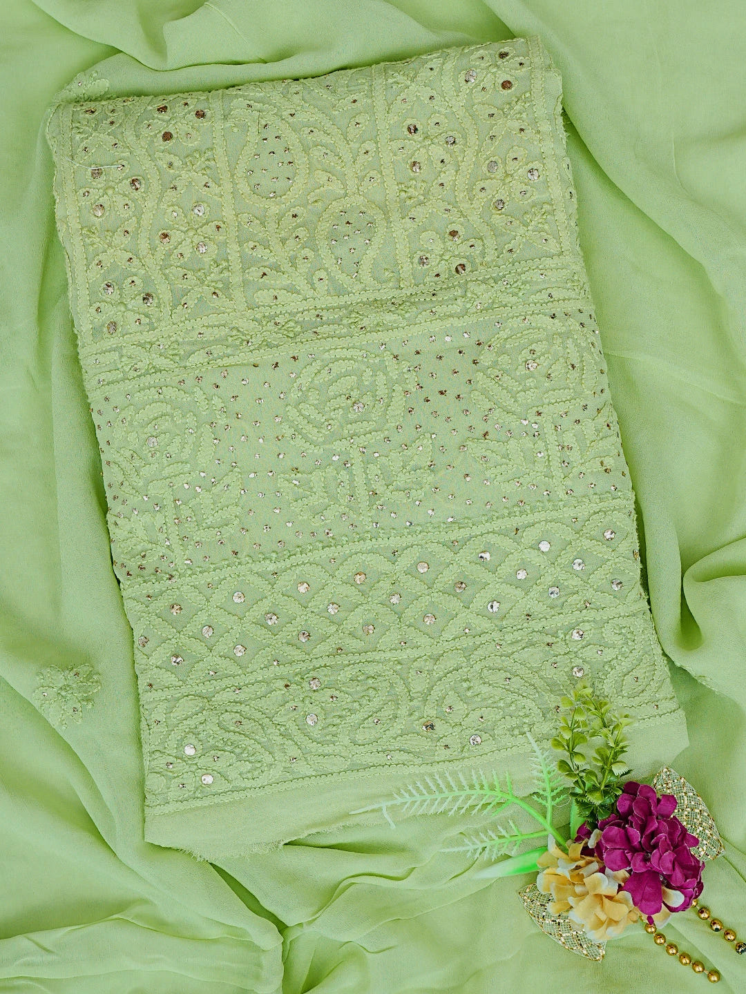 Ada Hand Embroidered Lime Green Viscose Georgette Lucknowi Chikankari Unstitched Kurta Dupatta Set With Muqaish Work 01A815257