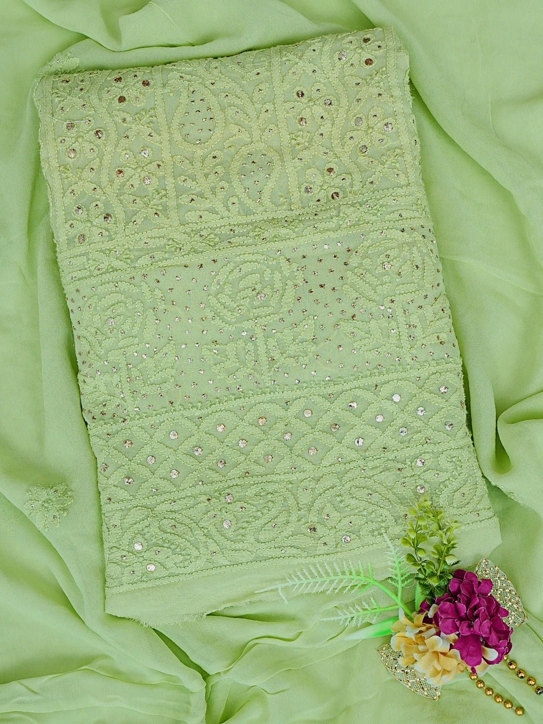 Ada Hand Embroidered Lime Green Viscose Georgette Lucknowi Chikankari Unstitched Kurta Dupatta Set With Muqaish Work 01A815257