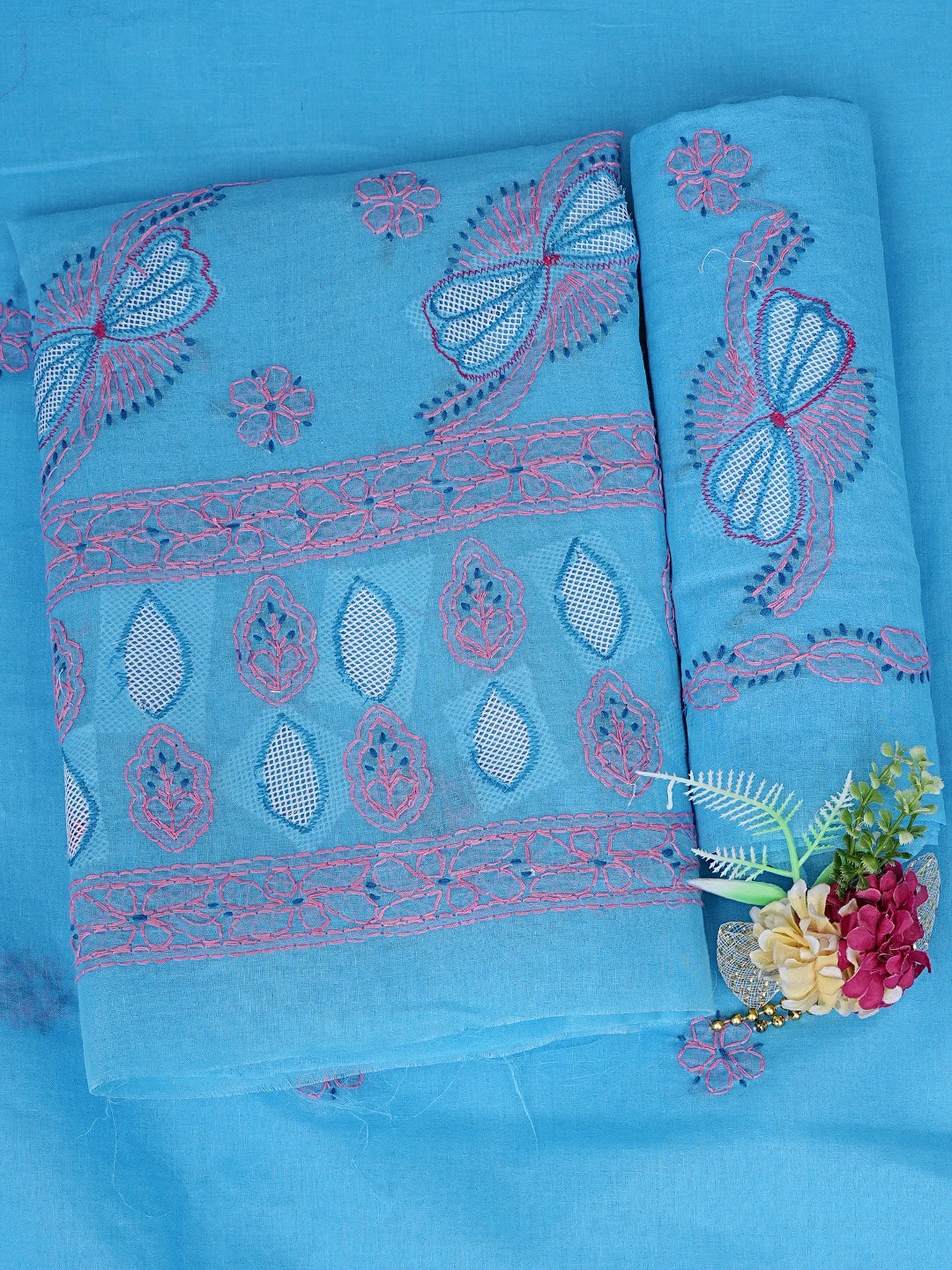 Ada Hand Embroidered Royal Blue Cotton Lucknowi Chikankari Unstitched Suit Piece 01A853534