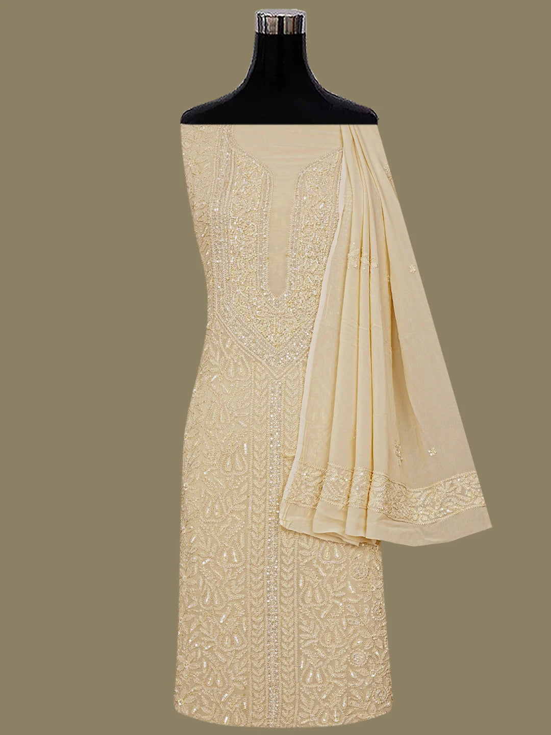 Ada Hand Embroidered Light Peach Viscose Georgette Lucknowi Chikankari Unstitched Kurta Dupatta Set With Cutdana Work 01A724592