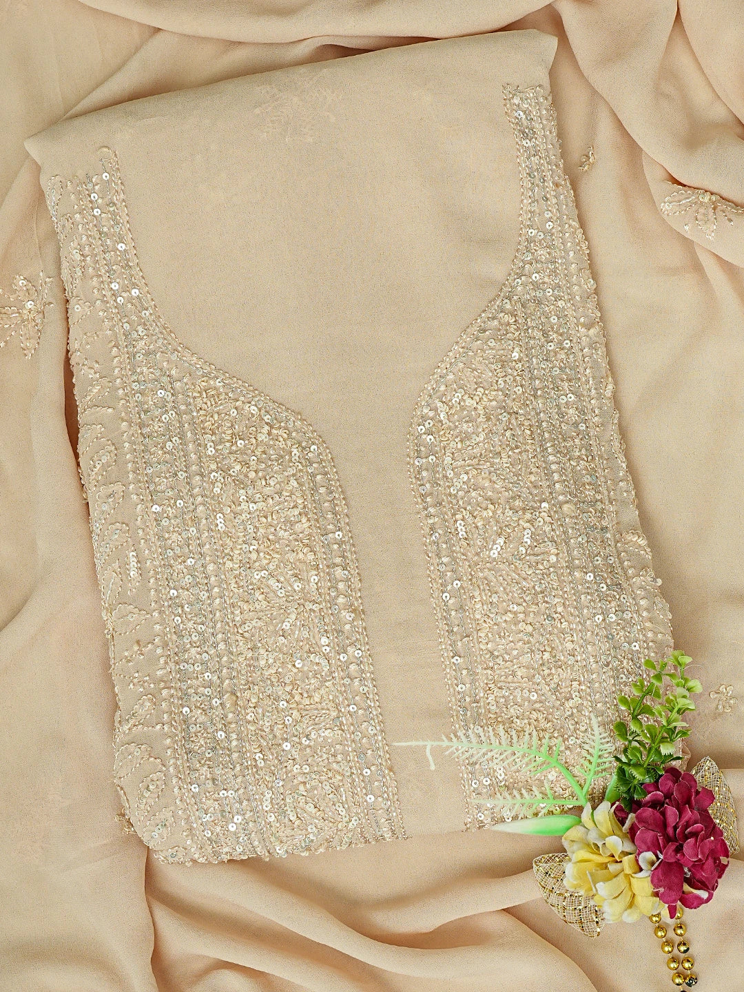 Ada Hand Embroidered Light Peach Viscose Georgette Lucknowi Chikankari Unstitched Kurta Dupatta Set With Cutdana Work 01A724592