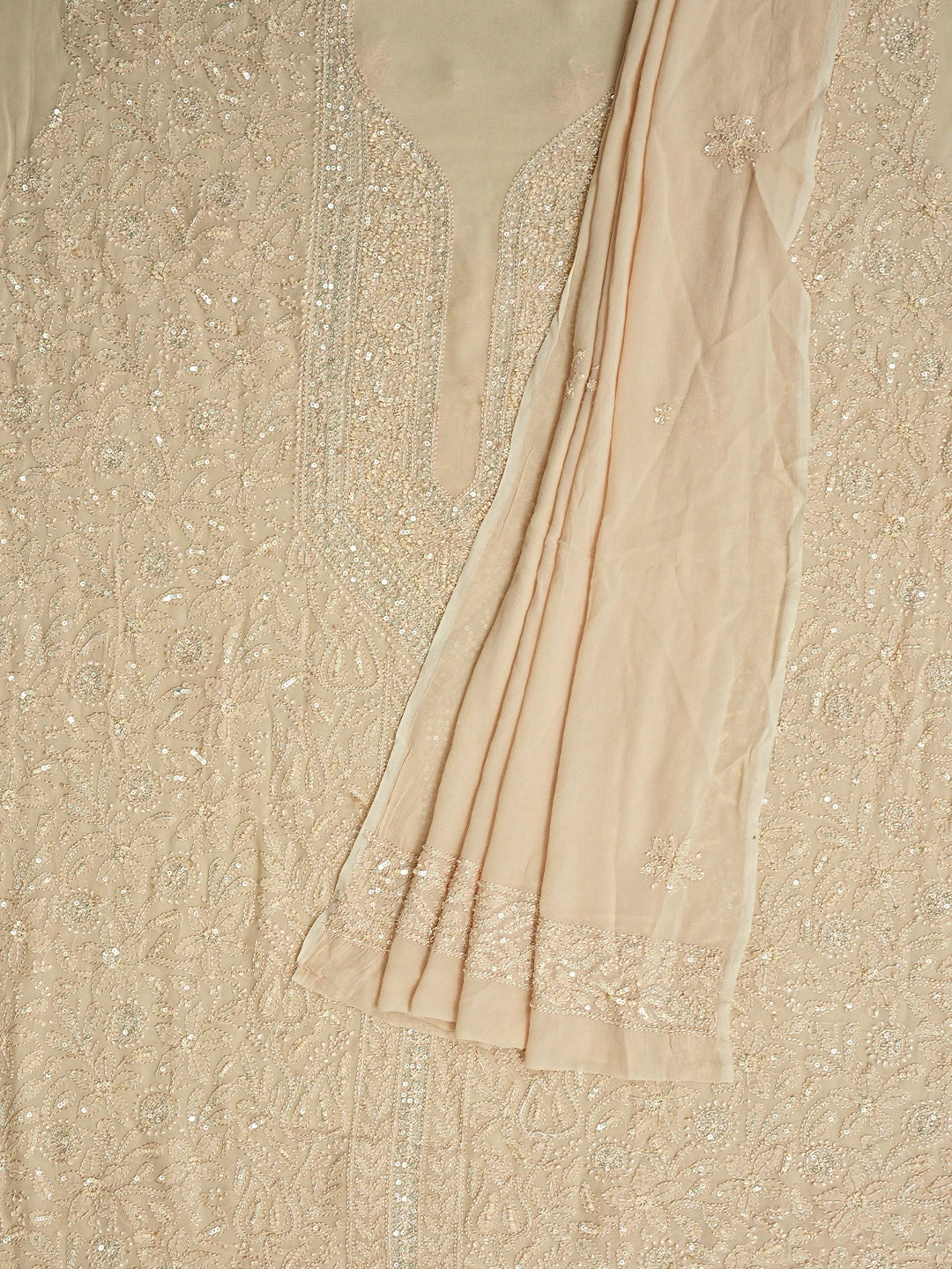 Ada Hand Embroidered Light Peach Viscose Georgette Lucknowi Chikankari Unstitched Kurta Dupatta Set With Cutdana Work 01A724592
