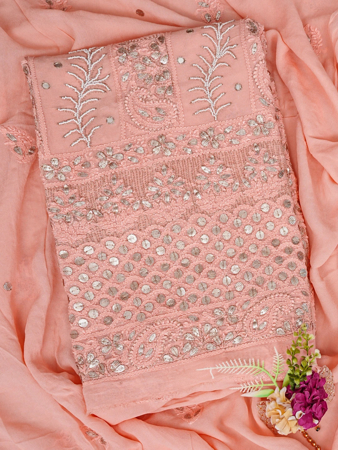 Ada Hand Embroidered Peach Viscose Georgette Lucknowi Chikankari Unstitched Kurta Dupatta Set With Gotapatti Work 01A777559