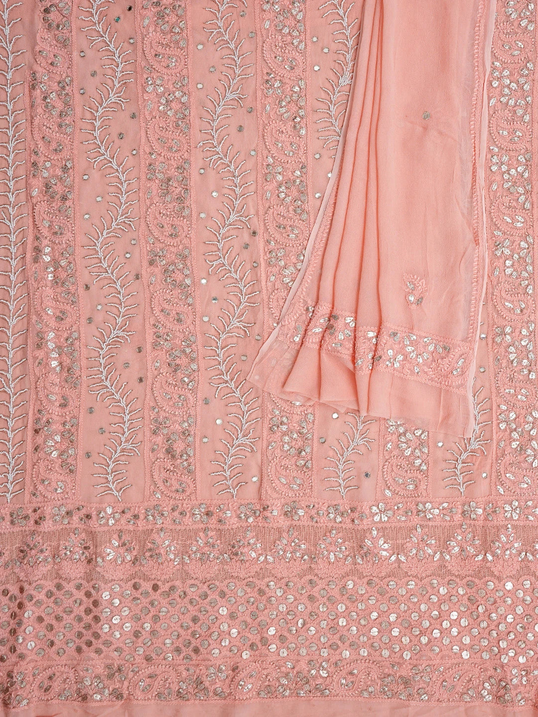 Ada Hand Embroidered Peach Viscose Georgette Lucknowi Chikankari Unstitched Kurta Dupatta Set With Gotapatti Work 01A777559