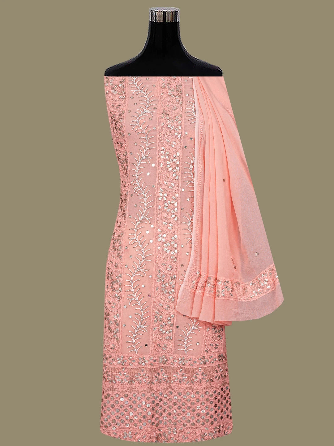 Ada Hand Embroidered Peach Viscose Georgette Lucknowi Chikankari Unstitched Kurta Dupatta Set With Gotapatti Work 01A777559