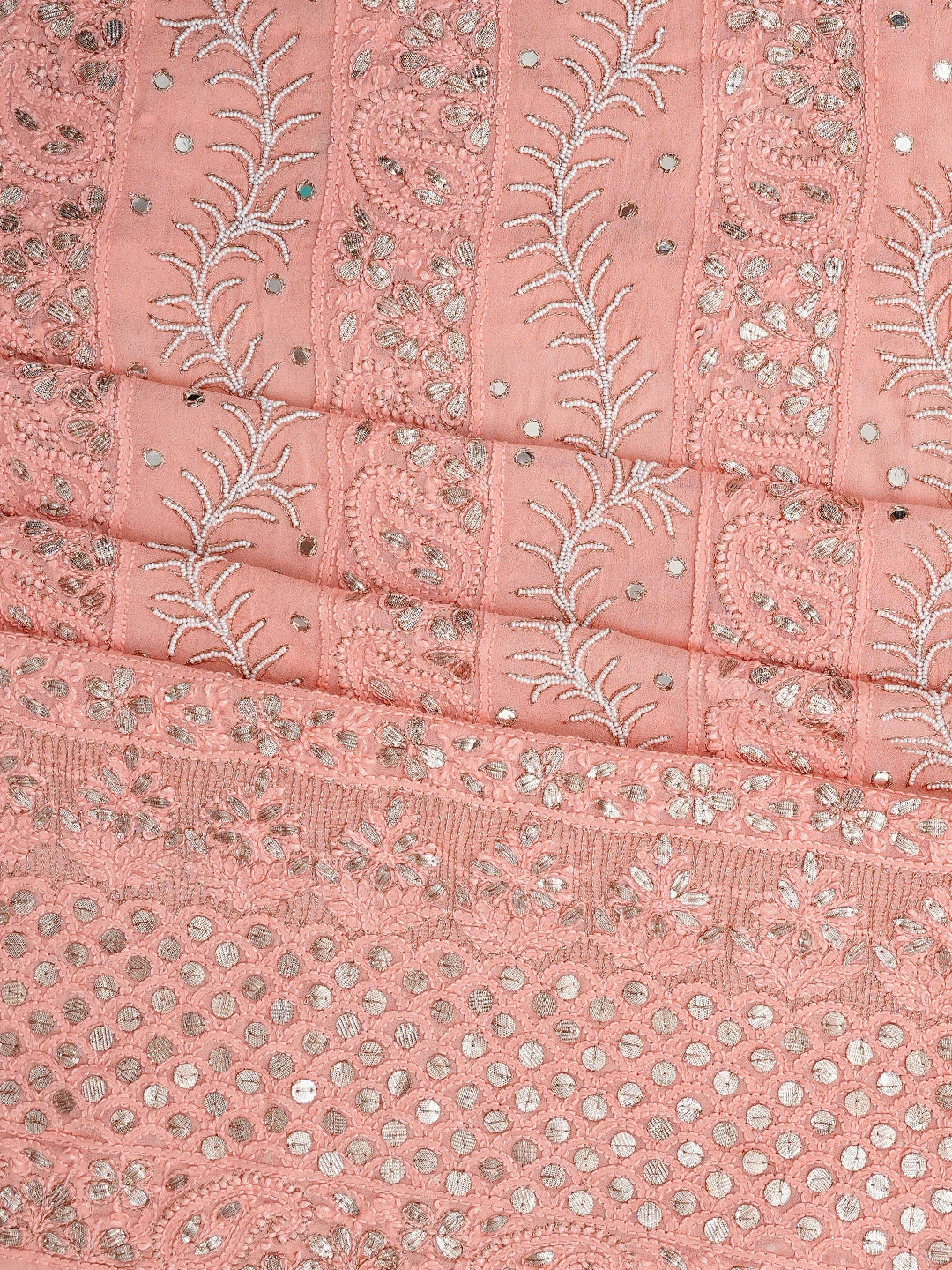 Ada Hand Embroidered Peach Viscose Georgette Lucknowi Chikankari Unstitched Kurta Dupatta Set With Gotapatti Work 01A777559