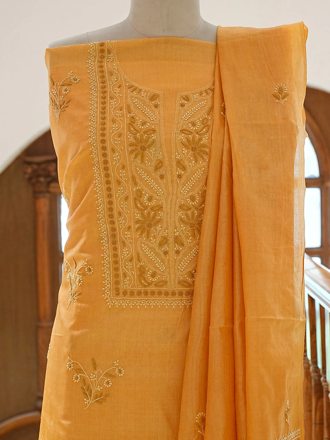 Ada Hand Embroidered Bronze Silk Lucknowi Chikankari Unstitched Kurta Dupatta Set 01A837219