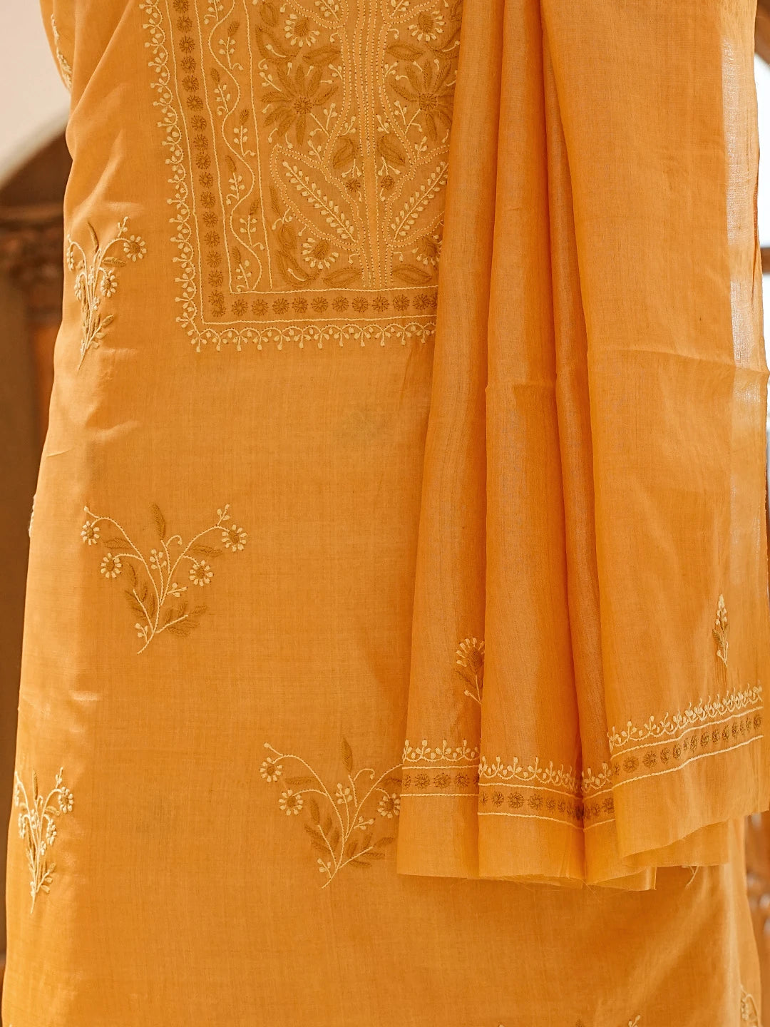 Ada Hand Embroidered Bronze Silk Lucknowi Chikankari Unstitched Kurta Dupatta Set 01A837219