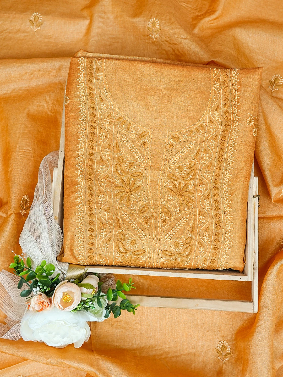 Ada Hand Embroidered Bronze Silk Lucknowi Chikankari Unstitched Kurta Dupatta Set 01A837219