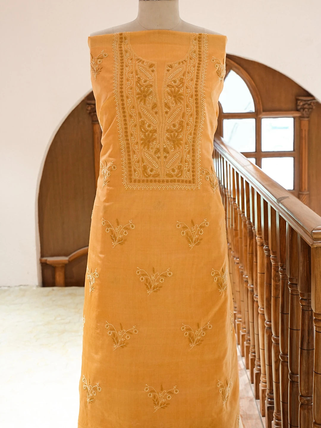 Ada Hand Embroidered Bronze Silk Lucknowi Chikankari Unstitched Kurta Dupatta Set 01A837219