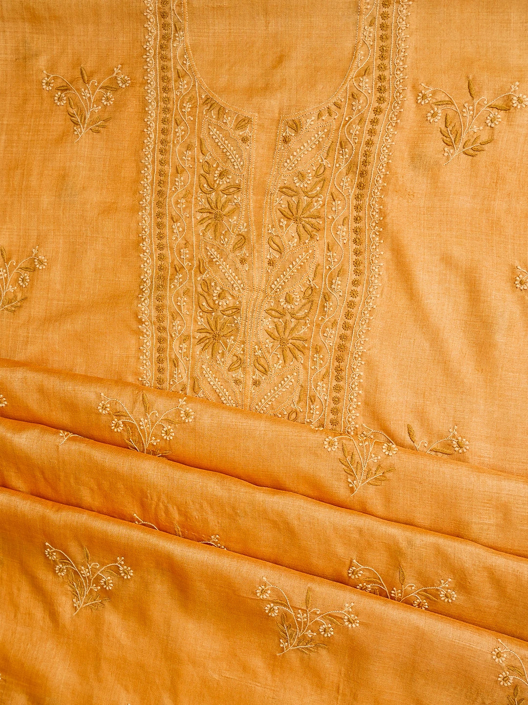 Ada Hand Embroidered Bronze Silk Lucknowi Chikankari Unstitched Kurta Dupatta Set 01A837219