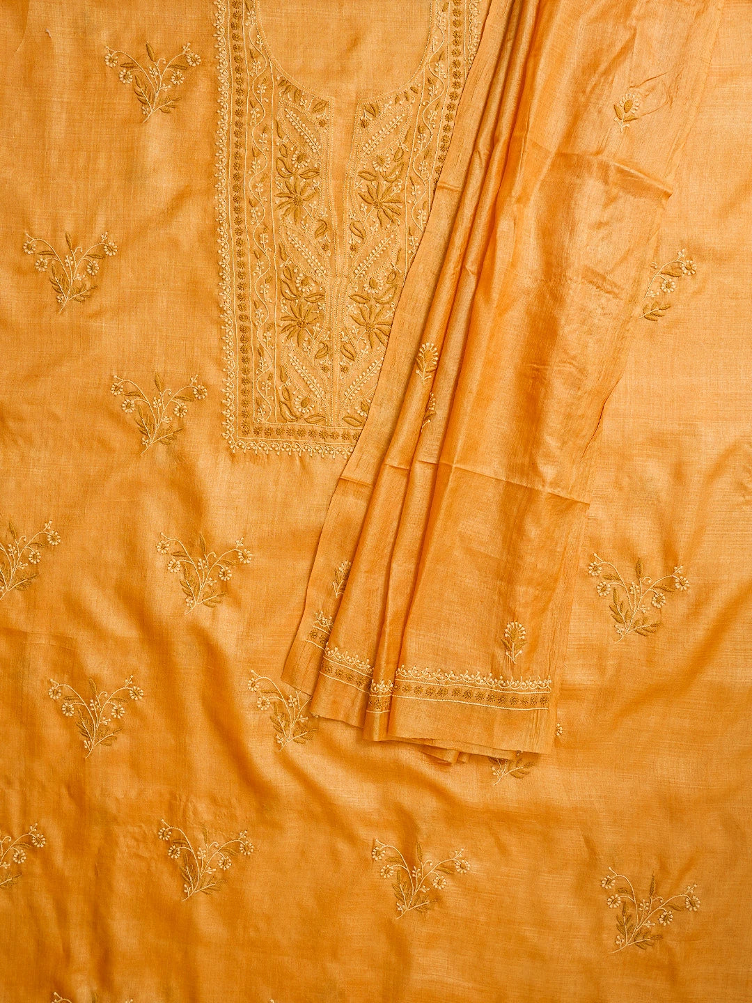 Ada Hand Embroidered Bronze Silk Lucknowi Chikankari Unstitched Kurta Dupatta Set 01A837219