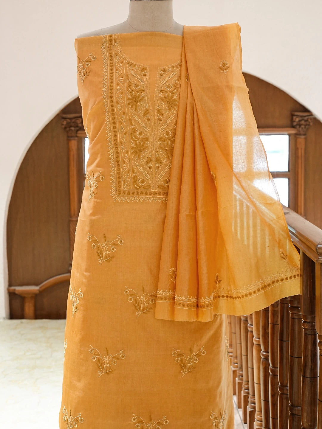 Ada Hand Embroidered Bronze Silk Lucknowi Chikankari Unstitched Kurta Dupatta Set 01A837219