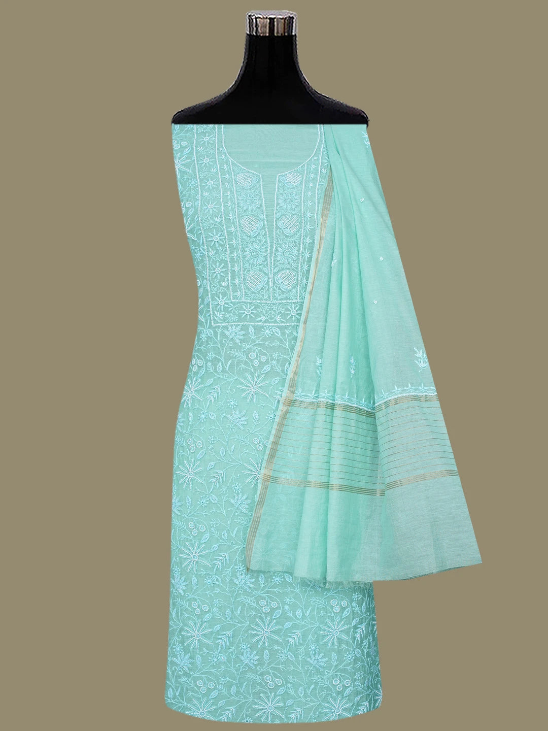Ada Hand Embroidered Jungle Green Chanderi Lucknowi Chikankari Unstitched Kurta Dupatta Set With Pearl Work 01A811829