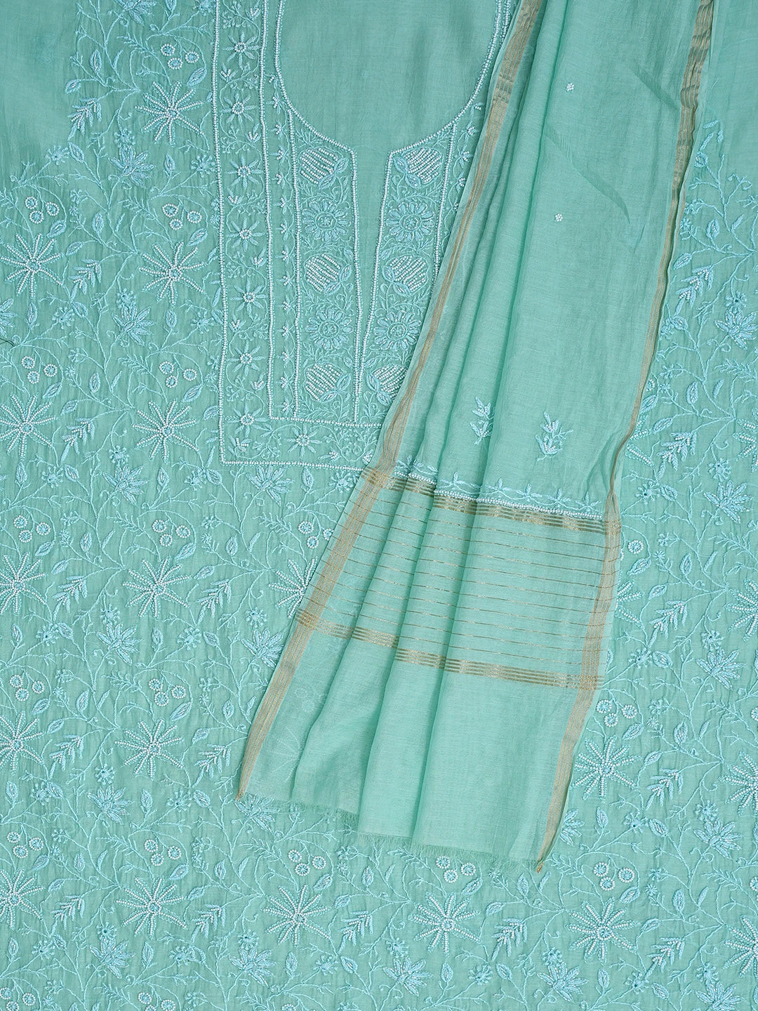 Ada Hand Embroidered Jungle Green Chanderi Lucknowi Chikankari Unstitched Kurta Dupatta Set With Pearl Work 01A811829